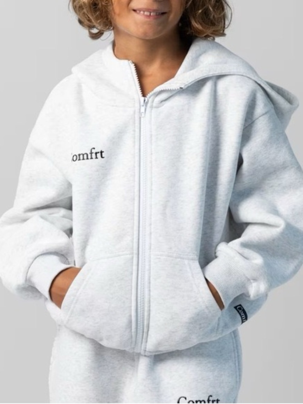 COMFRT Jacket Kids’ Large Cozy Zip Up Light Grey Hoodie